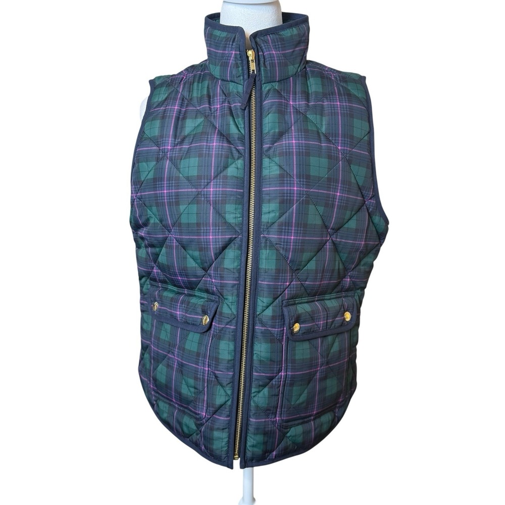 J‎ Crew Quilted Puffer Vest Tartan Plaid Navy Green Purple Size Medium Preppy